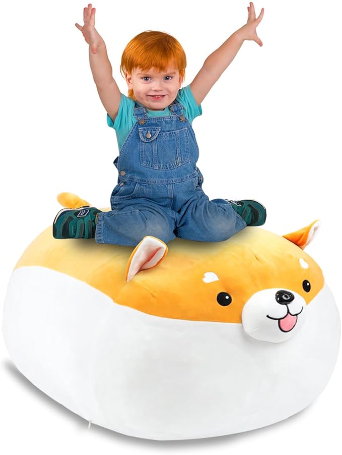 Stuffed Animal Storage Bean Bag Chair Cover for kids Cute Shiba Inu Yellow Dog Large Beanbag Plush Toy Bedroom Décor Organizer Cover, No Beans