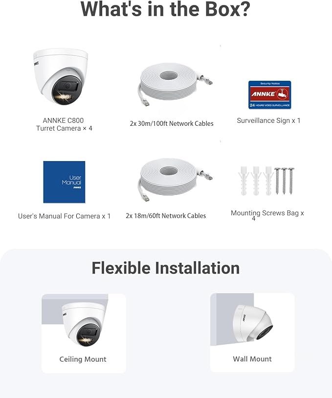 ANNKE C800 4Pcs Ultra HD 4K PoE Security Cameras with AI Human/Vehicle Detection, 8MP Turret IP Camera with Audio, Spotlight Color Night Vision, H.265+, IP67 Weatherproof, Support 512GB Micro SD