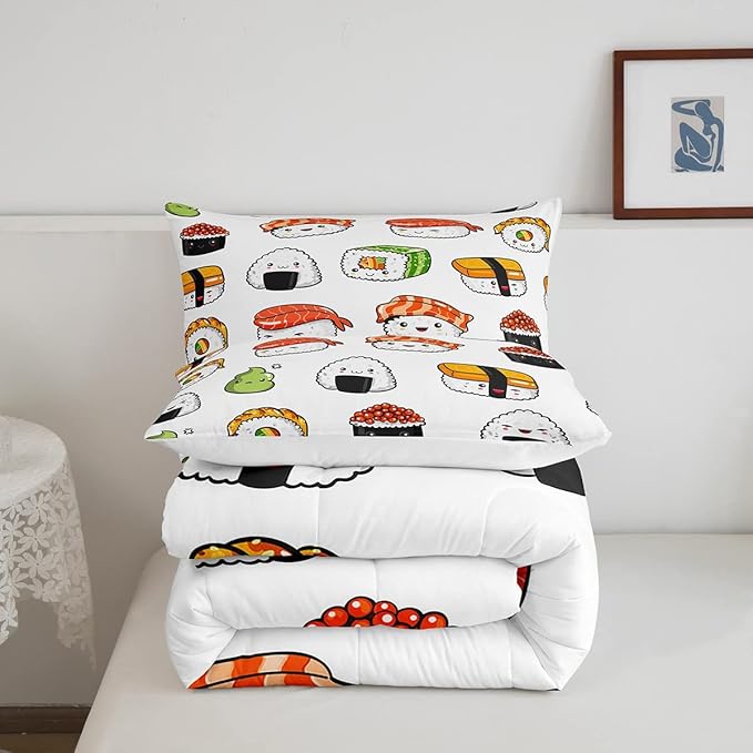 Sushi Pattern Comforter Set Japanese-Style Bedding Set for Kids Boys Girls Teens Food Theme Comforter Cute Cartoon Japanese Sushi Duvet Set Room Decor Quilt Set Queen Size Microfiber