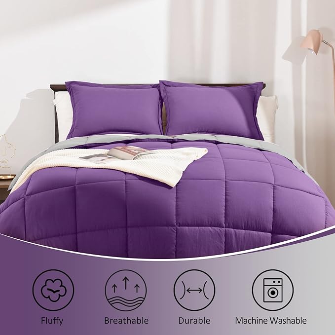 Basic Beyond King Size Comforter Set - Fluffy King Bed Comforter Set for All Seasons - Reversible Purple King Size Comforter Set - 3 Pieces (1 Comforter + 2 Pillow Shams) - Purple/Grey
