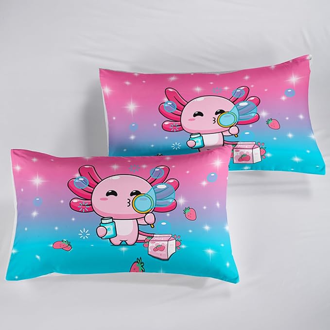 Kawaii Axolotl Comforter,Pink Salamander Comforter Set for Kids Teens Girls,3Pcs Bedding Set Printed Comforter with 2 Pillowcases,Down Alternative,Soft and Lightweight(Pink，Queen Size)