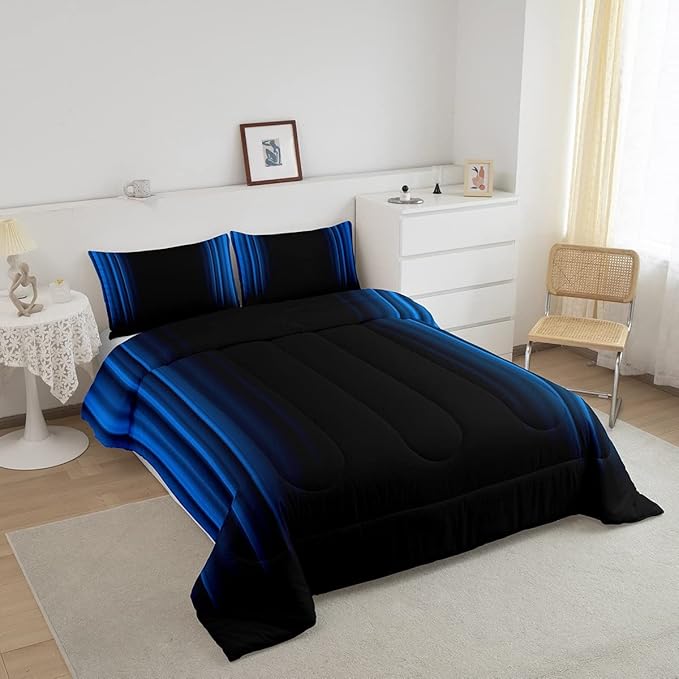 Geometric Abstract Ombre Comforter Set Kids Teens Blue and Black Striped Bedding Bed Set Decor Modern Fashion Comforter Inner Fill Bedroom Collection 2Pcs Twin Size