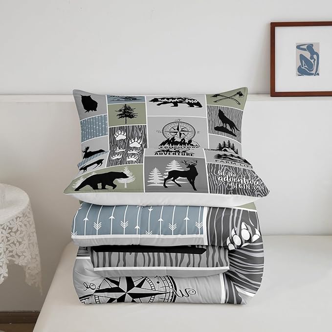 Rustic Farmhouse Cabin Kids Comforter Set King Size,Deer Bear Hunting Adventure Bedding Set for Boys Girls Adults Room Decor,Geometric Plaids Down Comforter,Gray Green Duvet Insert,2 Pillowcases