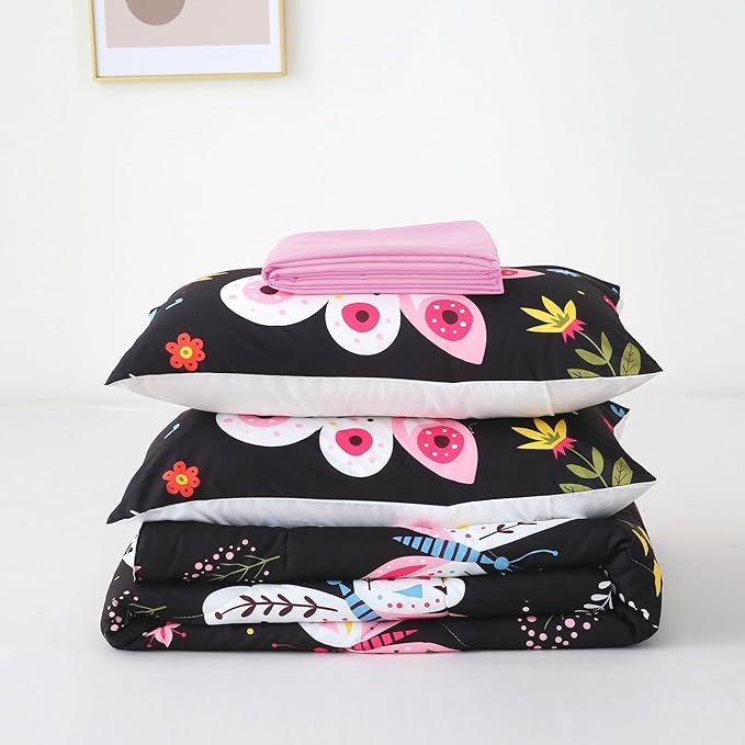 Girls Butterfly Comforter Set Twin Size Black 7 Piece Bed in A Bag Colorful Flowers Leaves Bedding Set for Kids Teens Super Soft All Season
