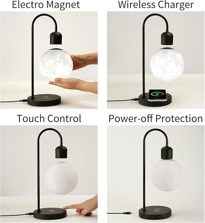 Floating Moon Lamp with Wireless Phone Charger & LED Levitating Ball in The Air Freely Unique Magnetic Cloud Desk Lamp with Cool Night Light, Home Office Decor & Gift for Friends Families