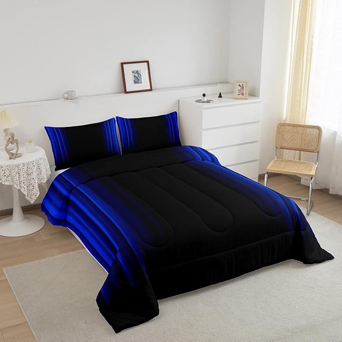 Geometric Abstract Ombre Comforter Set Kids Teens Dark Blue and Black Striped Bedding Bed Set Decor Modern Fashion Comforter Inner Fill Bedroom Collection 3Pcs King Size
