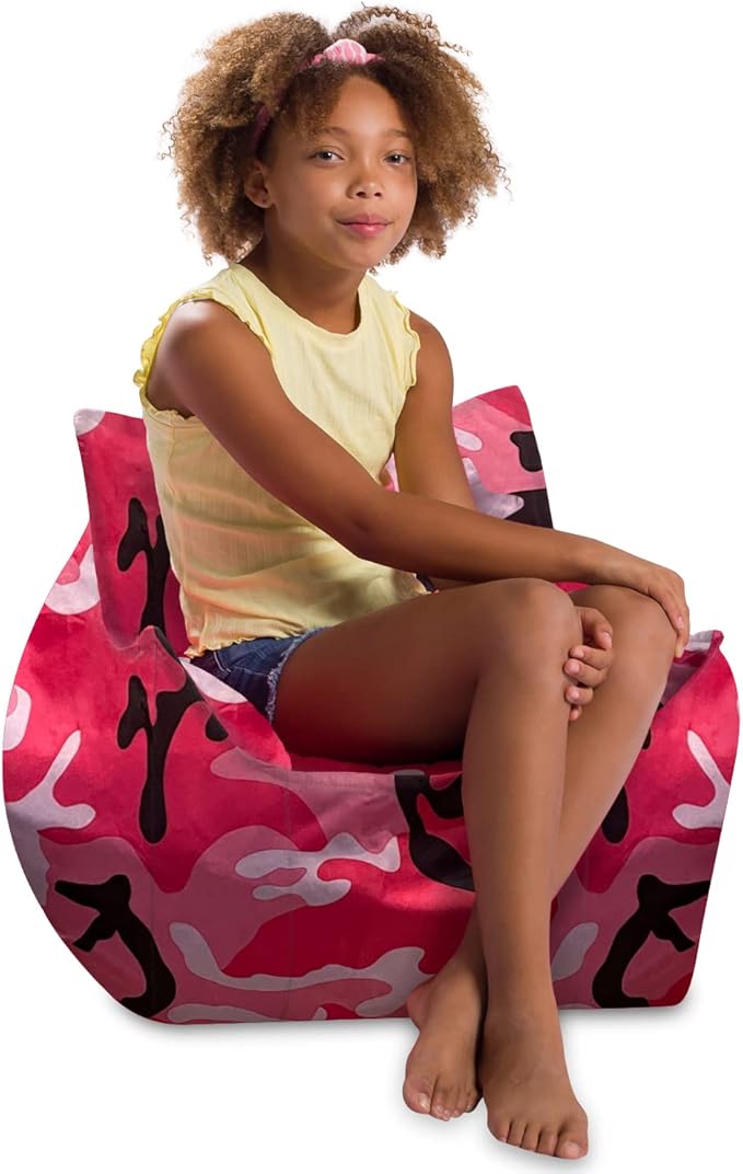 Posh Creations Structured Comfy Bean Bag Chair for Gaming, Reading and Watching TV, Newport Chair, Nylon - Camo Pink and Black
