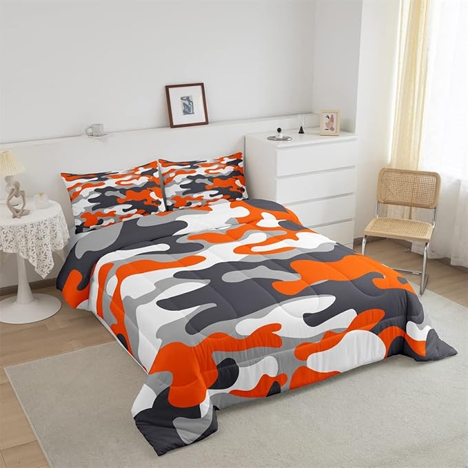 Feelyou Full Size Camouflage Comforter Set 3Pcs Kids Bedding Set for Boys Girls Teens 1 Comforter & 2 Pillowcases(Full,Orange)