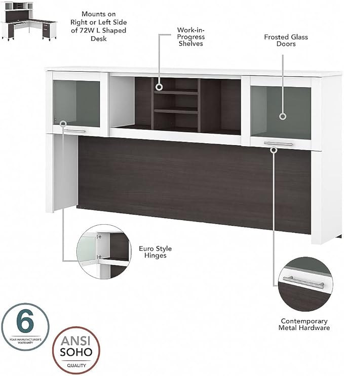 Bush Furniture Somerset 72W Desk Hutch in White and Storm Gray