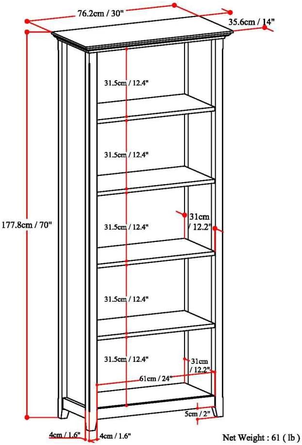 SIMPLIHOME Amherst SOLID WOOD 30 Inch Wide Transitional 5 Shelf Bookcase in Rustic Natural Aged Brown, for The Living Room, Study Room and Office