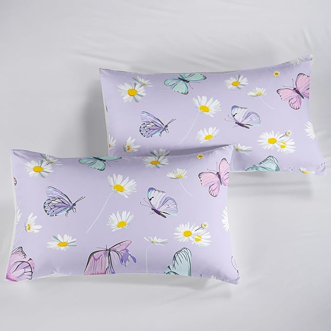 Butterfly Comforter Set for Kids Teens Girls Women,Daisy Kids Comforter,1 Comforter with 2 Pillowcase, Microfiber 3 Piece Bedding Set,for All Seasons(Purple，Queen Size)