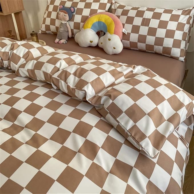 Wellboo Light Brown Plaid Comforter Sets Twin Women Men Cream Coffee and White Checkerboard Grid Bedding Comforters Cotton Boys Girls Modern Light Taupe Checkered Geometric Quilts Luxury Abstract Bed