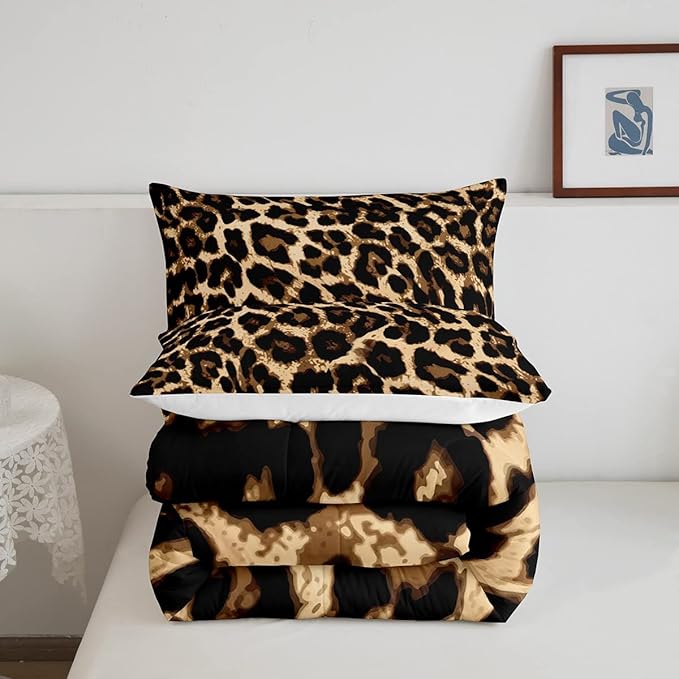 Black Brown Leopard Print Comforter Set Women Cheetah Printed Bedding Set Men Africa Animal Wildlife Duvet Set for Kids Girls Teens Bedroom Decor Luxury Home Hotel Room Soft Comforter Queen Size 3Pcs