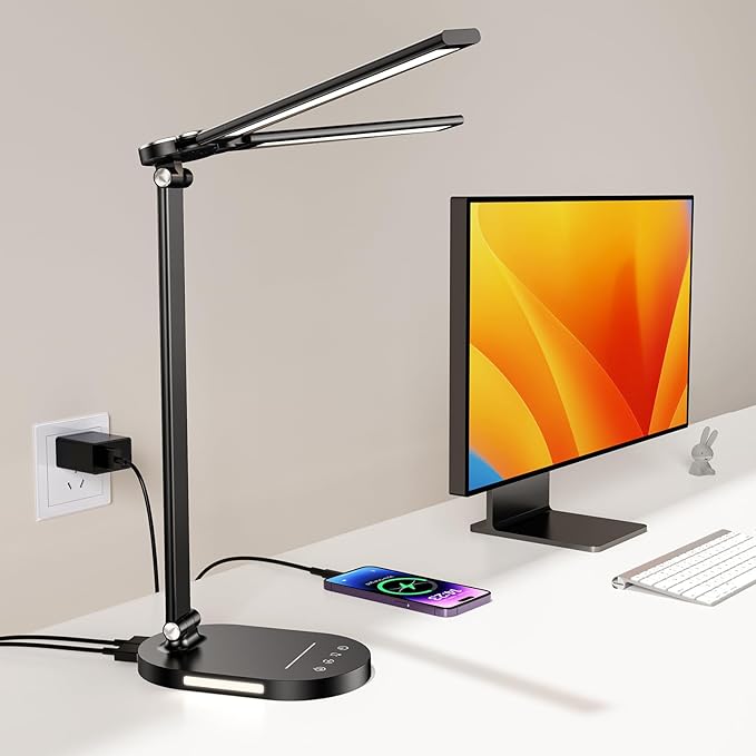 Desk Lamps for Home Office, Eye-Care LED Desk Lamp with USB Charging Port, Touch Control Table Lamp with Night Light Mode, 60 min Timer Desktop Lamp for College Dorm Room Bedroom