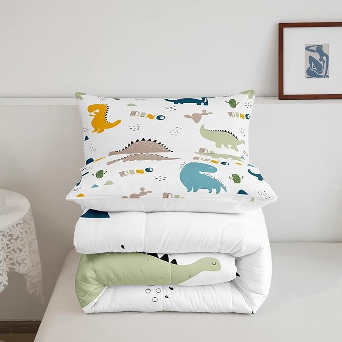Feelyou Cute Dinosaur Comforter Set Cartoon Cactus Bedding Set Decor Jungle Dino Boho Succulent Comforter Wild Animal Pattern Yellow Grey Duvet Set Bedroom Quilt Set 3Pcs Full