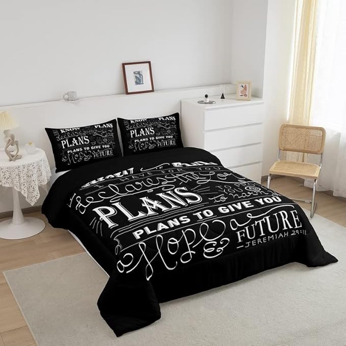 Feelyou Kids Vintage Bible Verse Comforter Set Christian Bible Verse Jeremiah Comforter Set for Boys Children Teens Bedroom Decor Modern Comforter Black Duvet Set King Size with 2 Pillow Case