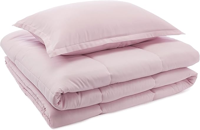 Amazon Basics Kid's 2 Piece Comforter and Pillow Sham Set, Soft, Easy Wash Microfiber, Twin, Light Pink, Solid
