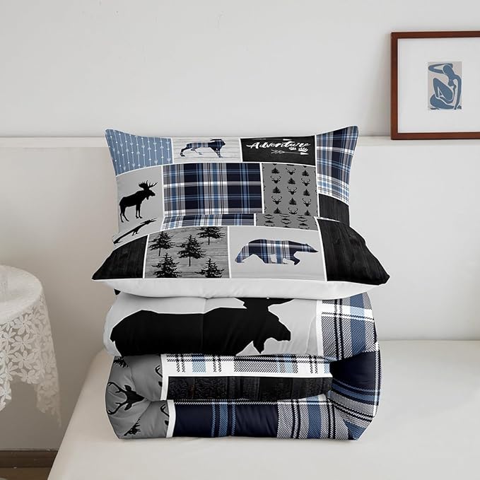 Rustic Adventure Kids Comforter Set Twin Size,Deer Bear Pine Trees Xmas Bedding Set for Boys Girls Adults Room Decor,Plaids Arrows Wooden Patchwork Down Comforter,Blue Duvet Insert,1 Pillowcase