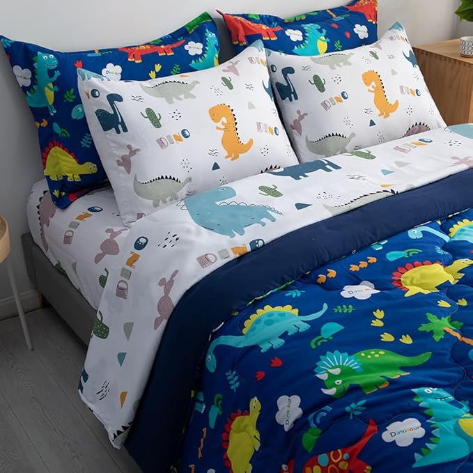 Wajade 7 Piece Kid Boys Dinosaur Comforter Set Queen Size 3D Blue Dinosaur Wild Park Jungle Print Bedding Set with Comforter, Sheet Set, Pillowcase and Sham