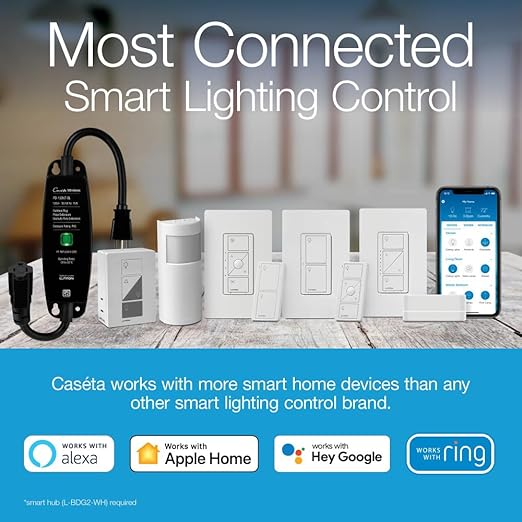 Lutron Caseta Smart Lamp Dimmer Switch (Lutron Smart Hub Required) for Floor and Table Lamps, for Dimmable LED Lights, up to 100 Watt, PD-3PCL-WH, White