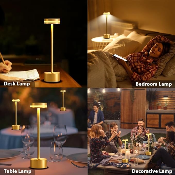 Cordless Metal Desk Lamp,Portable LED Table Lamp with Touch Sensor,3 Color Rechargeable Lamp,3-Levels Brightness Lamp,Night Light for Kids Nursery,Bedside Lamp,Dining Room Lamp (Gold)