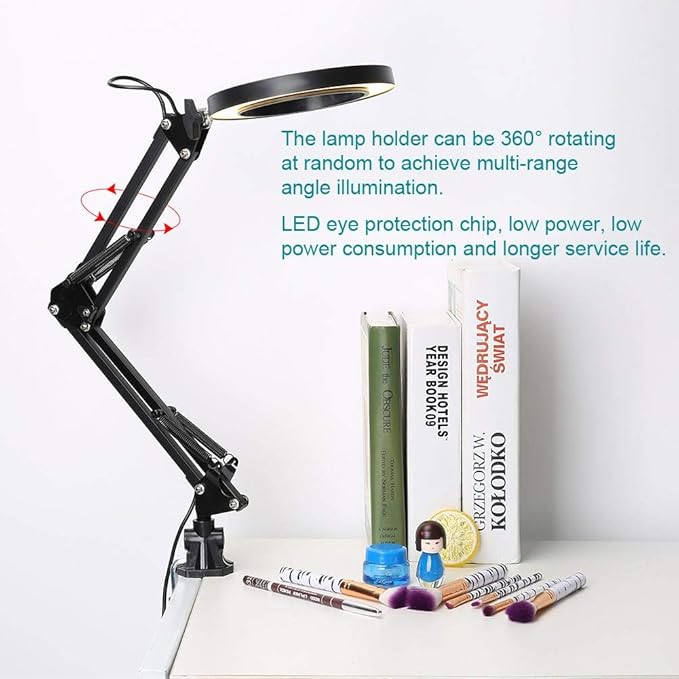 LED Magnifying Lamp with Clamp, 5X Magnifier Glass Light Lens, USB Dimmable Desk lamp for Table Craft or Workbench