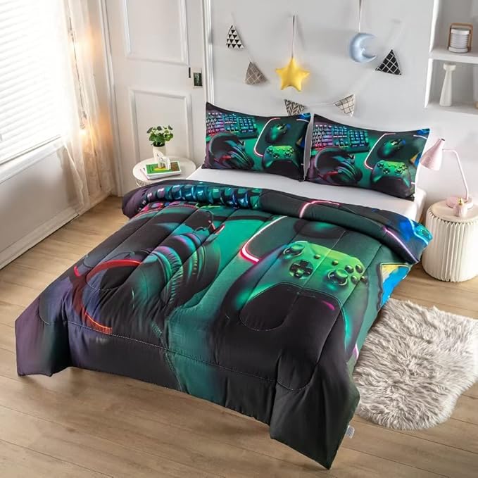 Gamer Comforter Sets for Teen Boys,Gaming Bedding Sets Queen,Video Game Bedspread,Game Gamepad Bed Set,Controller Bedding Gamer Home Decor 3 Piece 1 Comforter and 2 Pillowcases