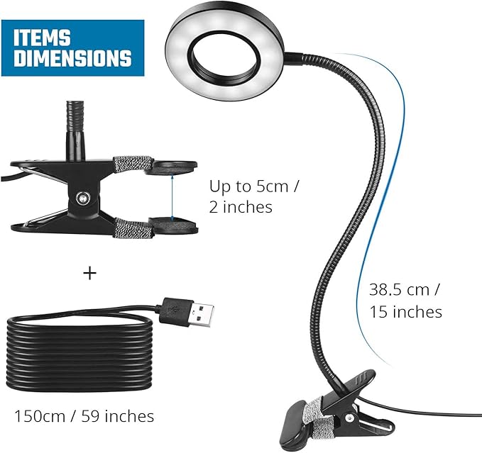 Clip on Desk Lamp, 48 LED Eye Caring Reading Light with 3 Color Modes 10 Brightness, Dimmer 360°Flexible Gooseneck USB Clamp for Reading, Working, Studying, Makeup, Nail Art (Black)