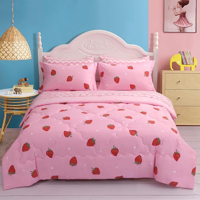 Strawberry Comforter Bedding Set Twin Size for Girls 7 Piece Pink Kawaii Comforter Set Bed in A Bag for Kids Teens All Season (1 Comforter,1 Flat Sheet,1 Fitted Sheet and 4 Pillow Sham)