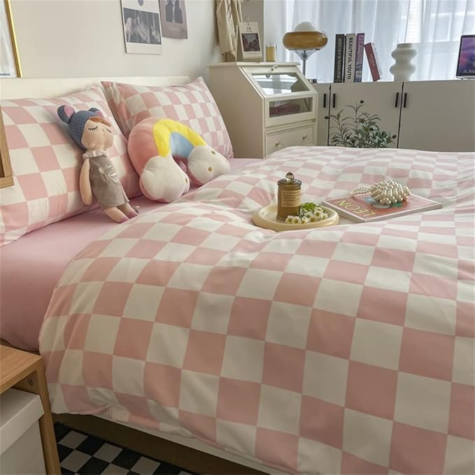 Wellboo Pink White Plaid Comforter Sets Queen Women Men Bean Pink and White Checkerboard Grid Bedding Comforters Cotton Boys Girls Modern Dusty Pink Checkered Geometric Quilts Luxury Abstract Bed