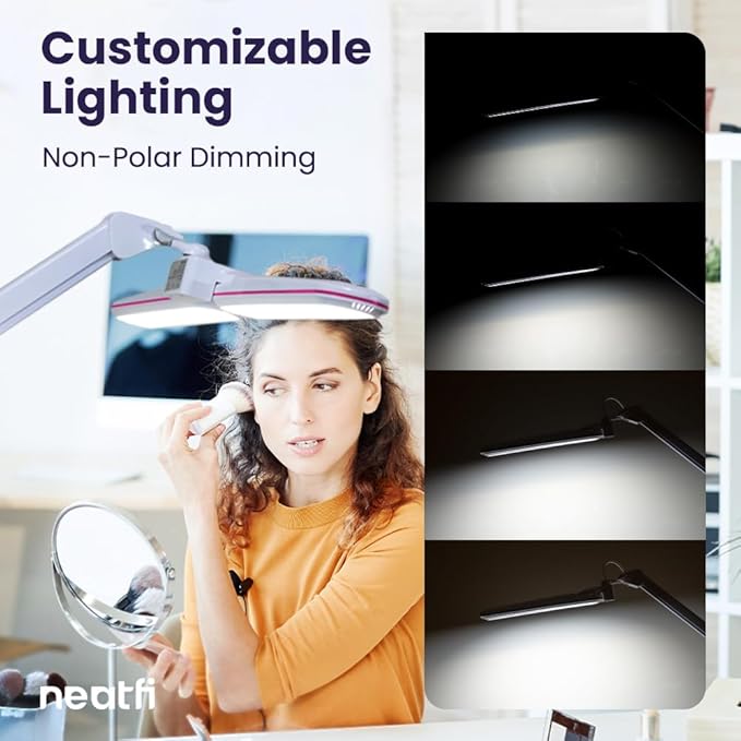 Neatfi Elite HD XL Task Lamp, 3 Light Modes, 90PCS SMD LED, Super Bright Desk Lamp, Eye-Caring LED Lamp, Non-Polar Dimming, Adjustable Brightness Levels (CCT with Clamp, Pink Ring, 17 Inches)