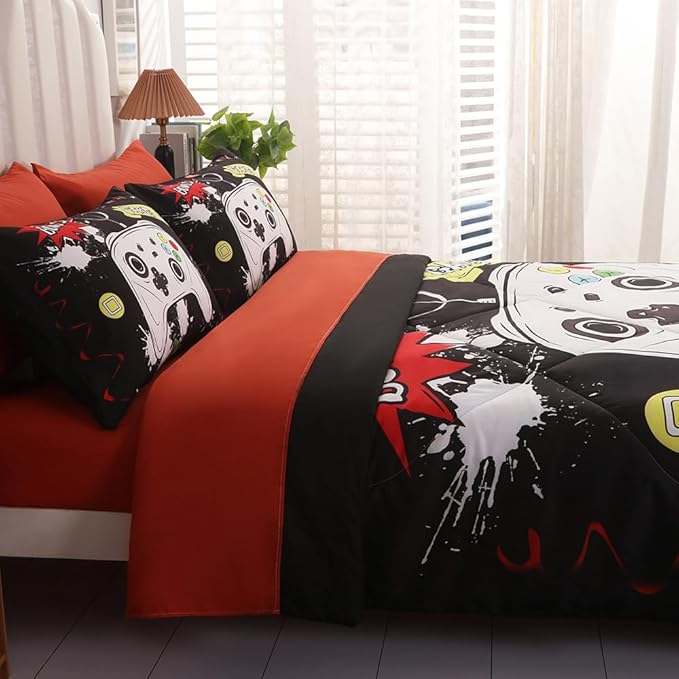 Wajade Kids Game Comforter Set Bed in A Bag Queen Size 7 Piece 3D Colorful Video Game Controller Bedding Set for Boys Girls (1 Comforter, 1 Flat Sheet, 1 Fitted Sheet, 2 Pillowcase and 2 Pillow Sham)