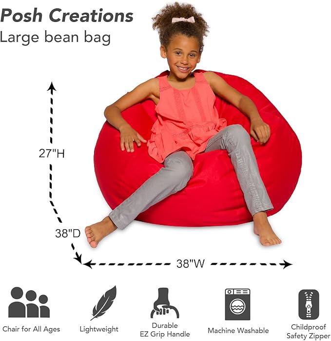 Posh Creations Bean Bag Chair for Kids, Teens, and Adults Includes Removable and Machine Washable Cover, Solid Red, 38in - Large