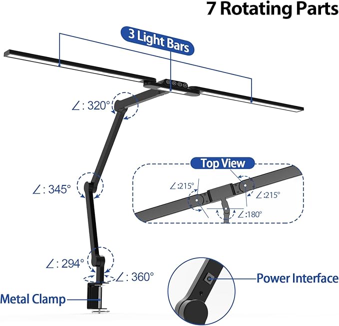 Transformable LED Desk Lamp, 37.4" Architect Desk Light with Clamp, 3 Light Bars for Home Office, 24W Ultra Bright Auto Dimming 5 CCT Modes & 5 Brightness Levels Table Light for L Shaped Desk
