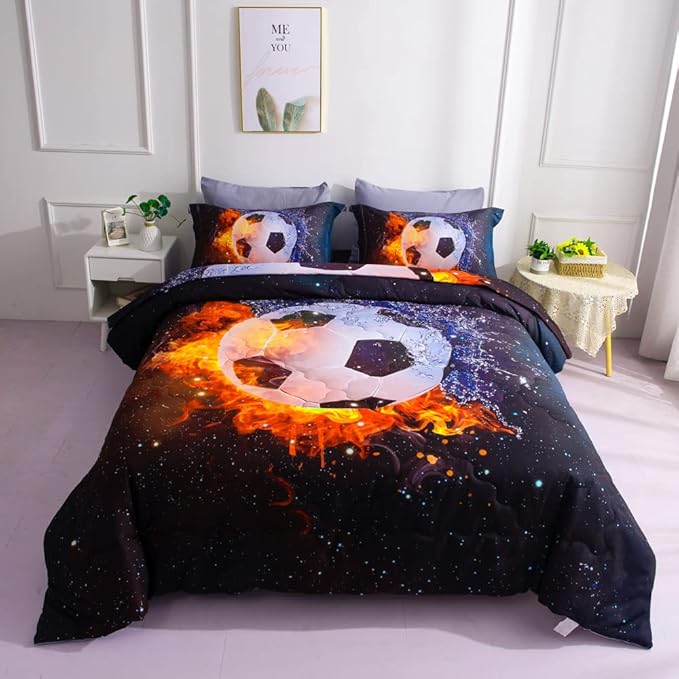 Wajade Football Soccer Comforter Set Bed in A Bag Queen Size 3D Galaxy Soccer Ball Sports Bedding Set for Boys Kids (1 Comforter, 1 Flat Sheet, 1 Fitted Sheet, 2 Pillowcase and 2 Pillow Sham)