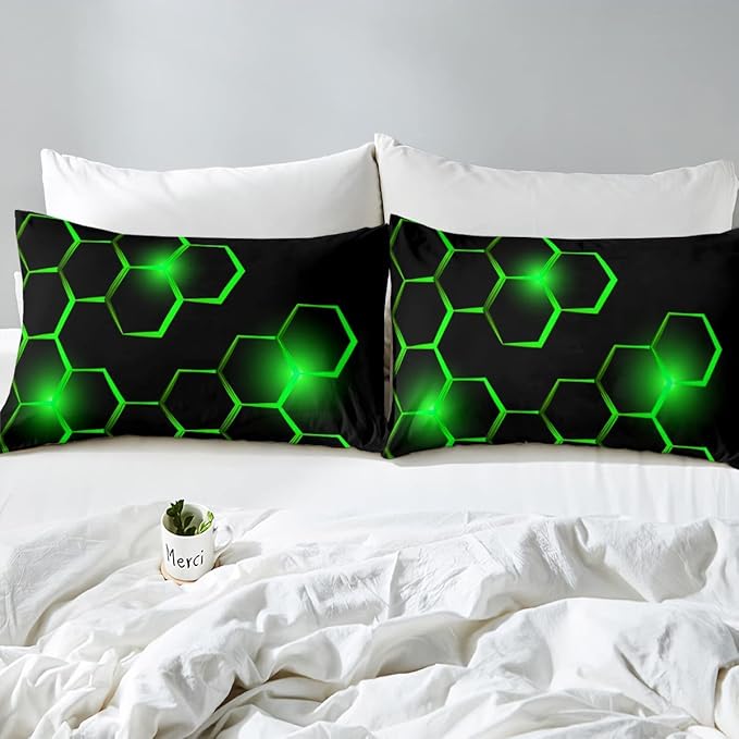 Honeycomb Kids Comforter Set Modern Geometry Hexagon Bedding Set for Boys Children Teens Bedroom Decor Geometrical Comforter Beehive Geometric Black Green Duvet Set Queen Size with 3 Pillow Case