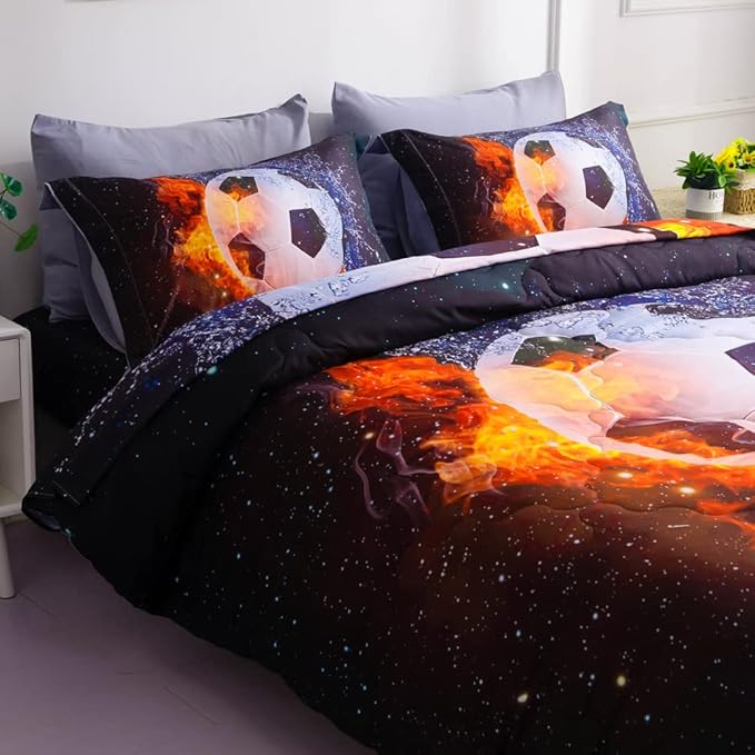Wajade Football Soccer Comforter Set Bed in A Bag Twin Size 3D Galaxy Soccer Ball Sports Bedding Set for Boys Kids (1 Comforter, 1 Flat Sheet, 1 Fitted Sheet, 2 Pillowcase and 2 Pillow Sham)