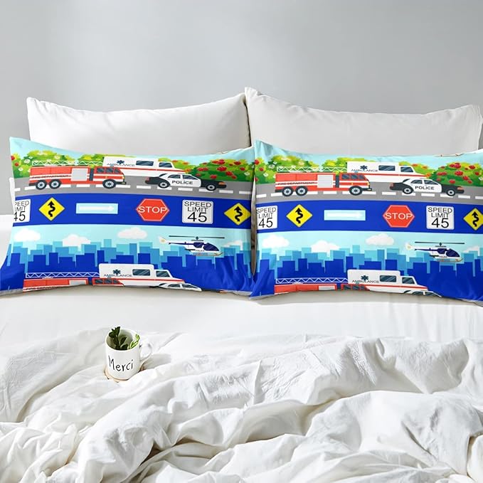Kids Fire Trucks Car Comforter Set Twin Size Cartoon Police Car Down Comforter Airplane Ambulance Rescue Vehicles Beding Set Boys Girls Car Room Decor Soft Lightweight Duvet Set, Colorful Comforter