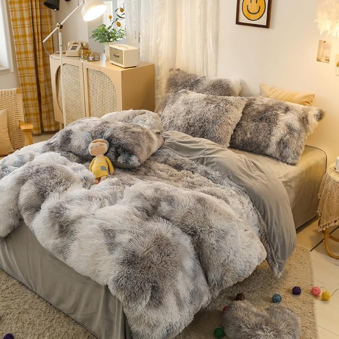 Faux Fur Kids Girls TD Black Comforter Sets King - 3PC Bed Set Warm Comfortable Soft Plush Flannel Velvet Fluffy Fuzzy Bedding（Comforter x 1 Pillowcases x 2）