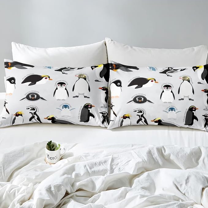 Erosebridal Penguin Comforter Set Full Size,Black White Penguins Bedding Set Cute Animal Down Comforter for Kids Boys Girls Teens,Wildlife Grey Bedding Quilted Sets with 2 Pillow Cases Bedroom Decor