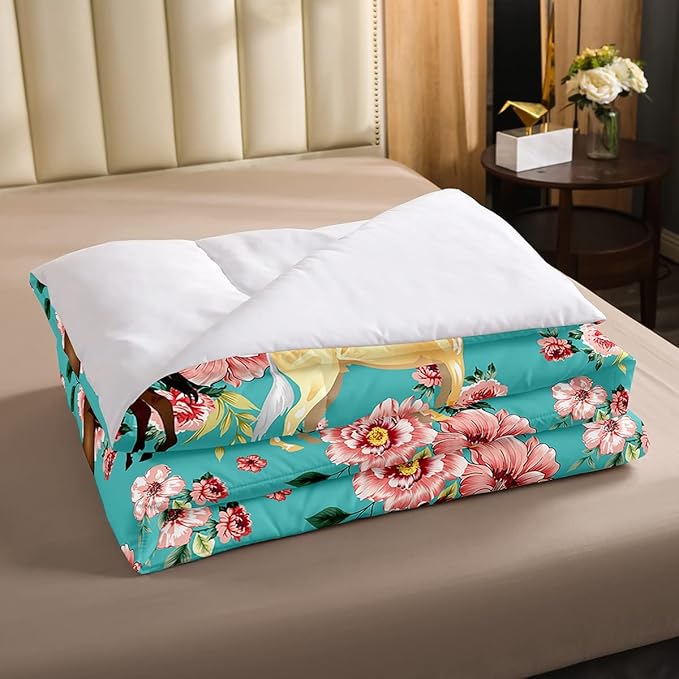 Erosebridal Girls Horse Comforter Set Full Size Pink Flower Bedding Set for Kids Galloping Horse Down Comforter Bedroom Decor Farm Animal Horse Gifts Quilt Set for Women, Cowboy Cowgirls Quilt Set