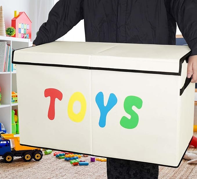 Toy Box Chest, Collapsible Sturdy Storage Bins with Lids, Extra Large Kids Toy Storage Organizer Boxes Bins Baskets for Kids, Boys, Girls, Nursery Room, Playroom, Closet (New Beige)