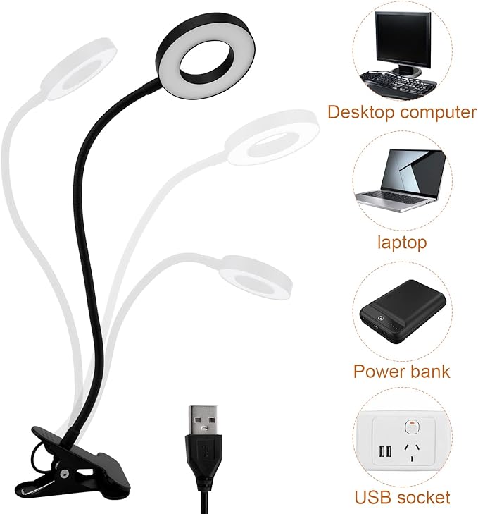 LED Clip On Light Reading Light, 10 Dimmable Brightness Gooseneck Clamp Desk Ring Light with Metal Bookmark for Reading Makeup Bedside (Size:Lamp+Bookmark)
