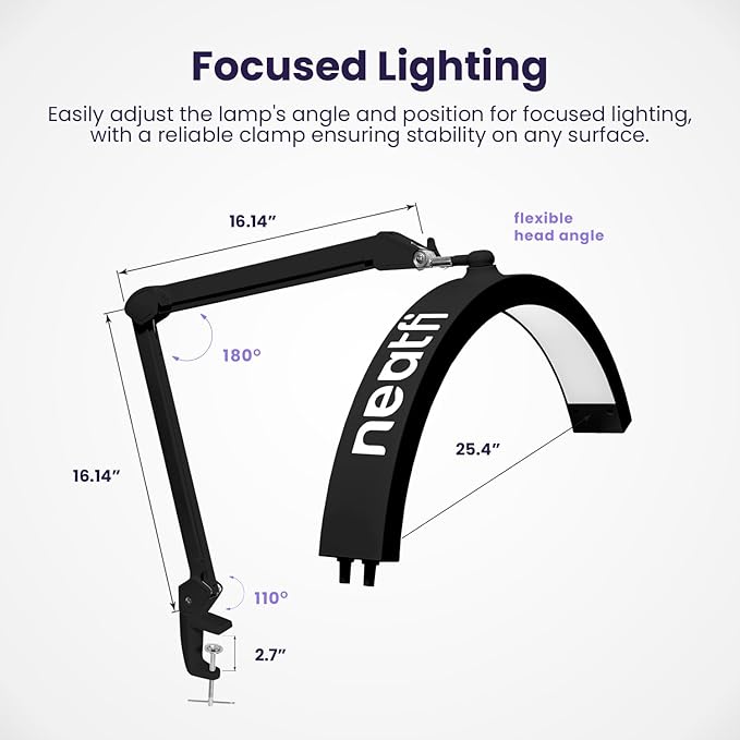 Neatfi Half Moon LED Table Lamp for Estheticians, Nail Tech, and Cosmetician for Nail Art, Facial, Waxing, Threading and Tattoo (with Clamp, Black)
