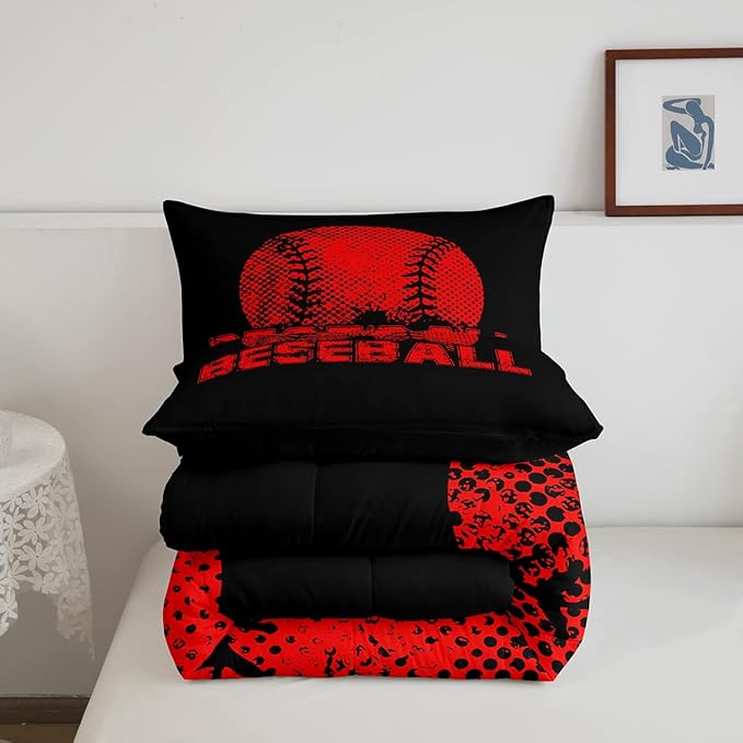 Erosebridal Kids Baseball King Size Bedding Set Red Black Sports Comforter Set for Boys Girls Teen,Reversible Black Quilt Comforter Soft Lightweight for All Season,1 Comforter and 2 Pillow Cases