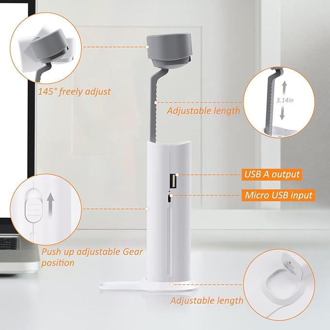 Small Desk Lamp, Mini Table Lamps for Home Office, Portable LED Flashlight/Book Light with USB Charging Port (5000MAH), Night Reading Light with Phone Holder/Eye Caring 3-Brightness Mode