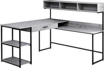 Monarch Specialties Workstation for Home & Office with Multiple Shelves and Drawer L-Shaped Corner Desk with Hutch, 60" L, Grey/Black Frame