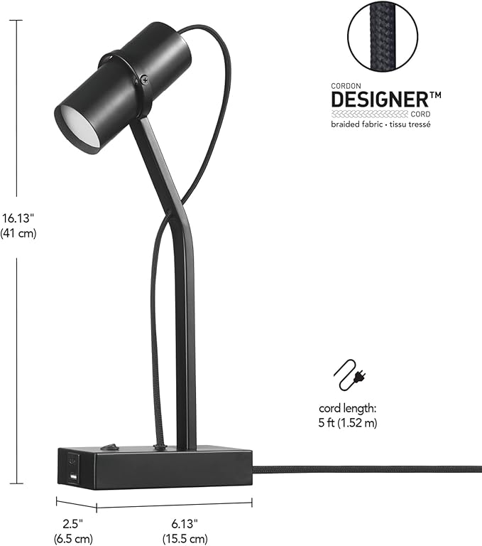 Globe Electric MRDK by Globe Series.01.TL 16" LED Desk Lamp, 2.1A Combined USB Port and USB-C Port, 5 Watts, 240 Lumens, 3000 Kelvin Warm White, Adjustable Shade, Matte Black