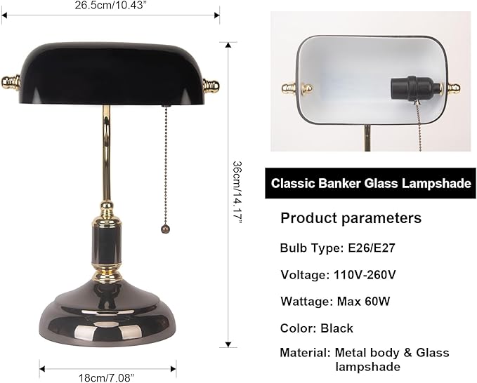 FIRVRE Bankers Desk Lamp with Pull Chain Switch Plug in Fixture, Black Glass Shade Desk Lamps, Golden and Black E26 Base, Traditional Library Lamp for Office,Piano,Study Room
