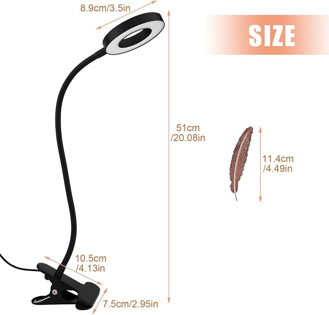 LED Clip On Light Reading Light, 10 Dimmable Brightness Gooseneck Clamp Desk Ring Light with Metal Bookmark for Reading Makeup Bedside (Size:Lamp+Bookmark)